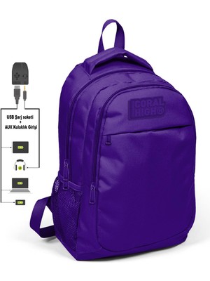Coral High Kids Mor Üç Bölmeli USB Şarjlı Kulaklık Çıkışlı Sırt Çantası 24311