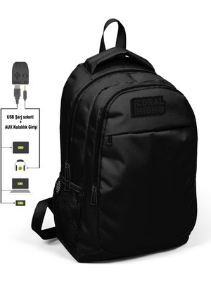 Coral High Kids Siyah-Siyah Üç Bölmeli USB Şarjlı Kulaklık Çıkışlı Sırt Çantası 24312