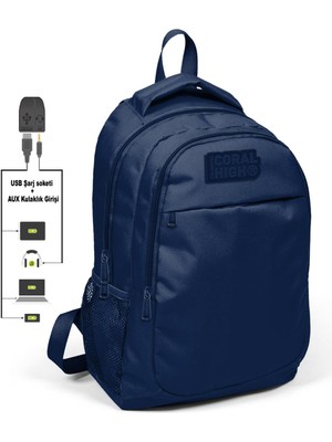 Coral High Kids Lacivert Üç Bölmeli USB Şarjlı Kulaklık Çıkışlı Sırt Çantası 24313