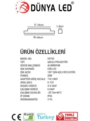 Dünya Led HS742/1 20W Şarjlı LED Projektör 6500K Beyaz Işık Alüminyum Kasa IP66