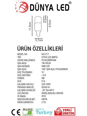 Dünya Led HS1217/3 9W E-27 LED Ampul 3000K Günışığı Yüksek Lümen
