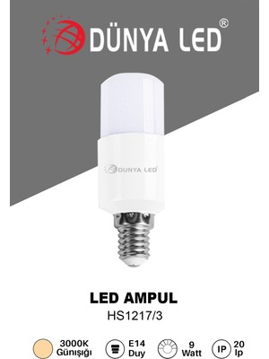 Dünya Led HS1217/3 9W E-27 LED Ampul 3000K Günışığı Yüksek Lümen