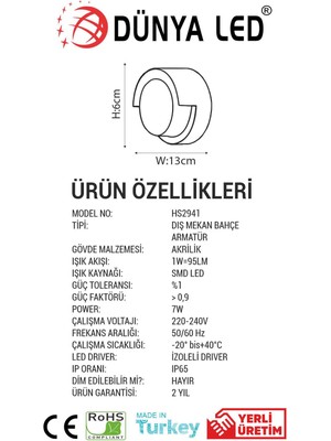 Dünya Led HS.2941/3 7W  Dış Mekan Bahçe Aydınlatması IP65 Su Geçirmez 3000K Günışığı