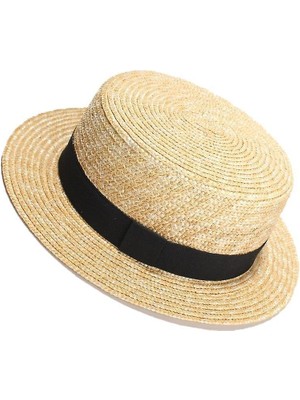 Sanlindou Doğal Buğday Saman Boater Fedora Üst Düz Şapka (56-58 Cm) (Yurt Dışından)