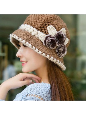 Generic Kış Sıcak Rahat Güzel Yün Tığ Örme Çiçekler Dekore Kulakları Şapkalar (Haki) (Yurt Dışından)