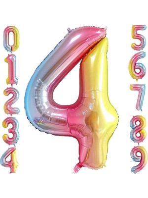 Patladı Gitti 4 Dört Rakam Gökkuşağı Folyo Balon 34" Inc 76 cm
