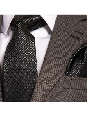 Exve Exclusive Siyah Gri Kare Desenli Mendili Sabit Dikişli Kravat Mendil Seti Kravat Mendil Seti