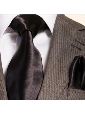 Exve Exclusive Siyah Saten Tek Renk Mendili Sabit Dikişli Kravat Mendil Seti Kravat Mendil Seti