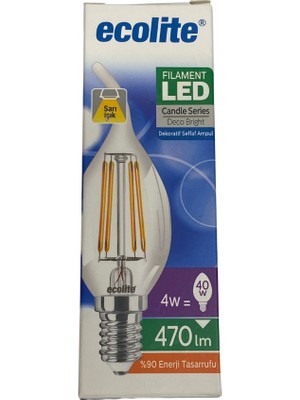 Ecolite  4W =40 W Sarı Işık Kıvrık  LED Flament Klasik Şeffaf E14 Duy Mum Ampül 1 Adet