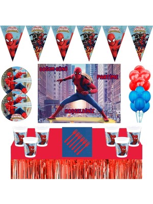 Parti Furyası Örümcek Adam Doğum Günü Konsepti 16 Kişilik 70X100 cm Afişli Spiderman Doğum Günü Seti  Masa Etekli