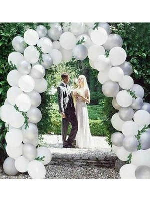 Best Parti 50 Adet 12 Inç Metalik Parti Balonu Metalik Beyaz - Metalik Gümüş + 5 mt Balon Zinciri