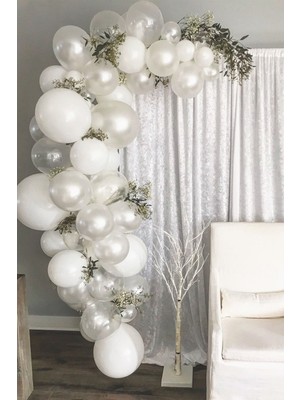Best Parti Pastel Beyaz Metalik Beyaz Şeffaf Balon Düğün Zinciri 50 Adet + 5 mt Balon Zinciri