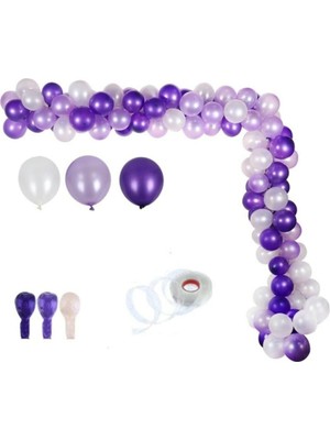 Best Parti 50 Adet 12 Inç Metalik Parti Balonu Metalik Mor - Metalik Lila - Beyaz + 5 mt Balon Zinciri