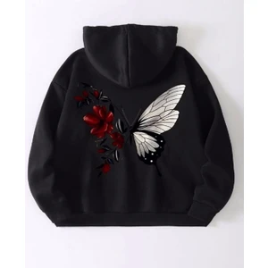 Deocept Kadın Siyah Kırmızı Kelebek Baskılı Sweatshirt