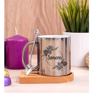 Hediye Dükkanı Kişiye Özel  Çiçek Desenli Isme Özel Ahşap Altlıklı Kaşıklı Silver Kupa Bardak