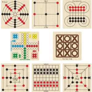 Ahşap Zeka ve Strateji Oyun Seti 8 Li, Kızma Birader+Dama+3 Taş+9 Taş+12 Taş+Bihar+Surakarta+Tic-Tac-Toe