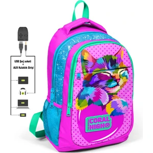 Coral High Kids Pembe Simli Üç Bölmeli USB Şarjlı Kulaklık Çıkışlı Sırt Çantası 24301