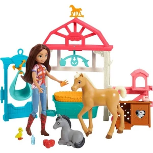 Spirit Özgür Ruh Lucky'nin Bakım Odası Oyun Seti, Lucky (17 cm), tartı, dönence, sallanan beşik, 4 hayvan figürü, besleme malzemeleri dahil, 3 yaş ve üzeri HCH37