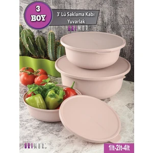 Grimor Life 3' Lü Çok Amaçlı Saklama Kabı Yuvarlak Plastik Pembe Renk ( 1 Lt - 2 Lt - 4 Lt )