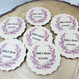 Hayaller Dükkanı 30 Adet Çiçek Desenli Ahşap Magnet Lavanta Çiçek Baskıllı Kişiye Özel Söz Nişan Düğün Si Şekeri
