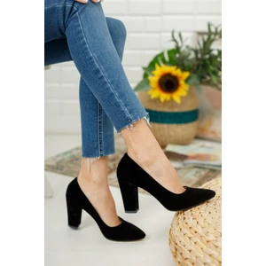 Merve Baş Kadın Siyah Süet Yüksek Kalın Topuklu Ayakkabı