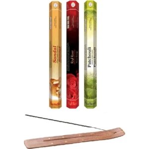 Flute 60 Adet Tütsü (Sandal, Kırmızı Gül, Paçuli) Işlemeli Ahşap Tütsü Kayığı Hediyeli