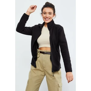 Siyah Dik Yaka Fermuarlı Rahat Form Kadın Polar Sweatshirt - 97173
