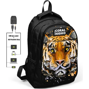 Coral High Kids Siyah Üç Bölmeli USB Şarjlı Kulaklık Çıkışlı Sırt Çantası 24302