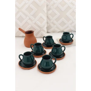 Toprak Kokulu Kahvem Lale Altı Kişilik Fincan ve Cezve Takımı (Petrol Yeşili)