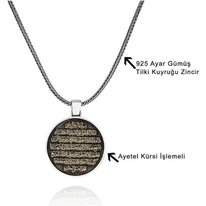 Tesbih Sepetim Siyah Zeminli Ayetel Kürsi Işlemeli 925 Ayar Gümüş Kolye