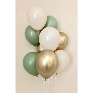 Best Parti Krom Gold - Küf Yeşili ve Pastel Beyaz Renk Balon 9 Adet