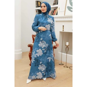 Neva Style - Çiçek Desenli Indigo Mavisi Tesettür Elbise 279062IM