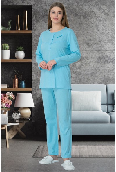 Şık Mecit Mavi Büyük Beden Kadın Pamuk Pijama Takımı