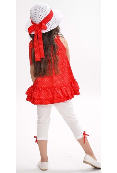 Buse & Eylül Bebe Kırmızı Puantiyeli Bluz, Şapka ve Kaprili Kız Çocuk Takımı