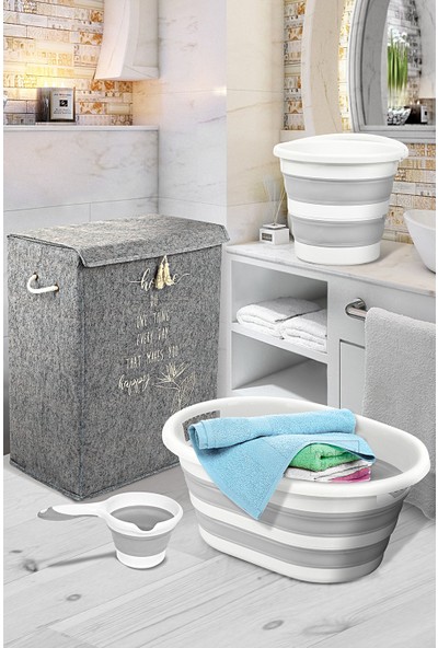 Meleni Home 4'lü Lüx Banyo Seti - Keçe Kirli Çamaşır Sepeti - Katlanabilir Çamaşır Sepeti - Su Kovası - Koçero