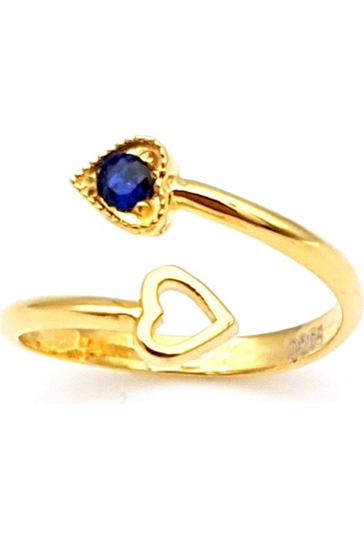 Karra Jewelry Kadın 925 Iki Kalp Ayarlanabilir Ölçüde Altın Kaplama Mavi Zirkon Taş Yüzük