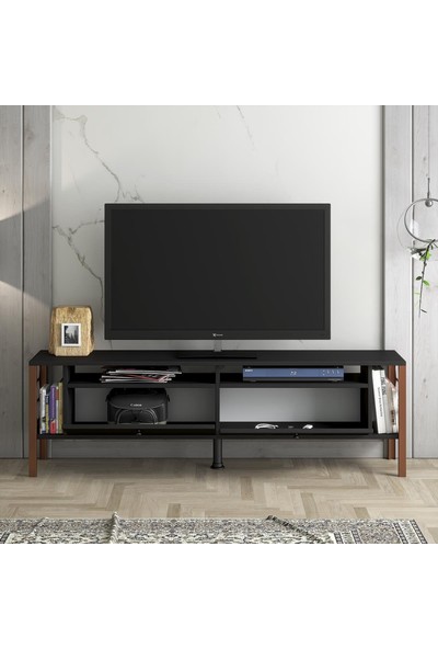 Wood'n Love Luna Premium Bakır Altıgen Desen Metal Ayaklı Dolaplı Tv Ünitesi - Siyah / Bakır