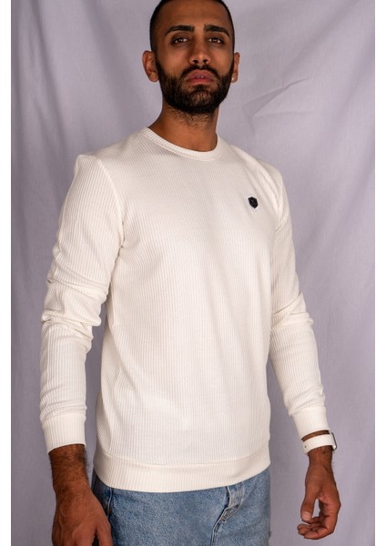 Beyaz Renk Beyaz Çizgi Detaylı Erkek Sweatshirt modelleri