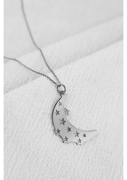 Kadın 925 Ayar Gümüş Yıldız Desenli Hilal Kolye