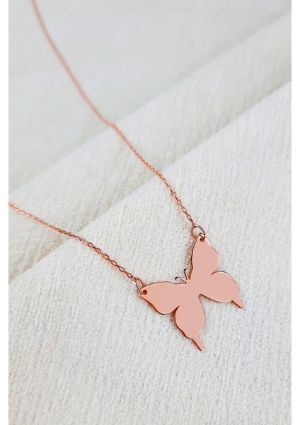 Kadın 925 Ayar Gümüş Rose Kelebek Modeli Kolye