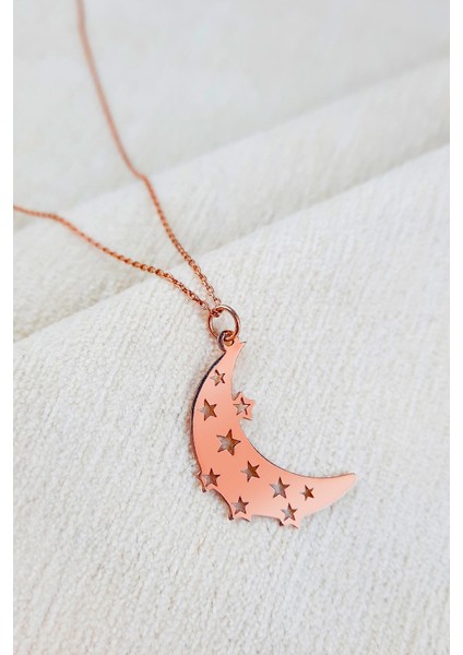 Kadın 925 Ayar Gümüş Rose Yıldız Desenli Ay-Hilal Kolye