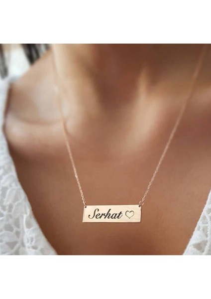 Kadın 925 Ayar Gümüş Kişiye Özel Yatay Bar Plaka Kalpli Isimli Altın Kaplama Kolye