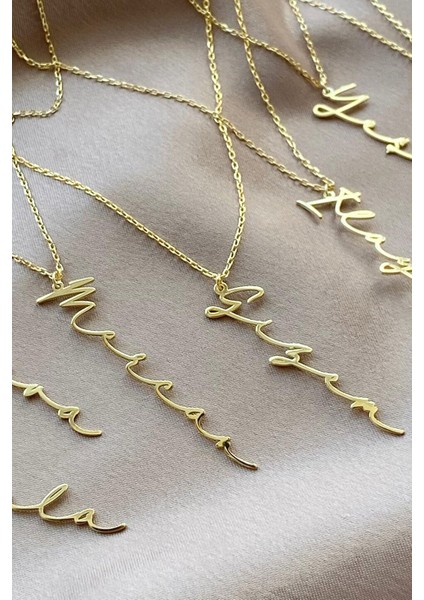 Kadın 925 Ayar Gümüş Kişiye Özel Altın Kaplama Dikey Isimli Kolye