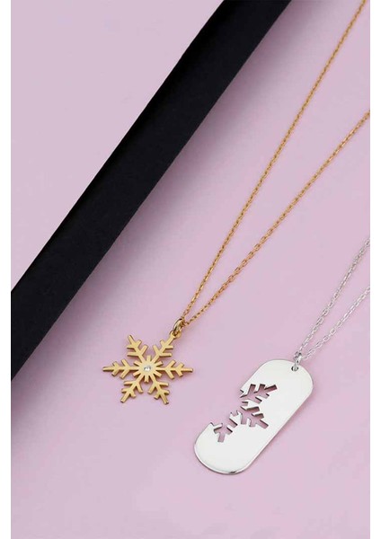 Unisex 925 Ayar Gümüş Altın Kaplama Kar Tanesi Çift Kolye