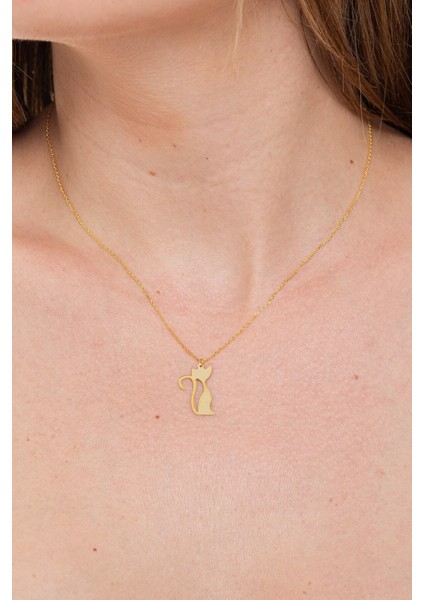 Kadın 925 Ayar Gümüş London Hayalet Zincir Altın Kaplama Kedili Kolye