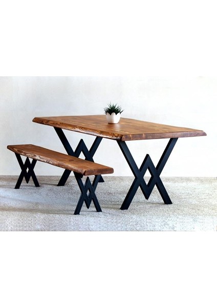 Doğal Ağaç Masif Kütük Masa 60 cm x 150 cm + 1 Bank Bench ( Metal Ayak )