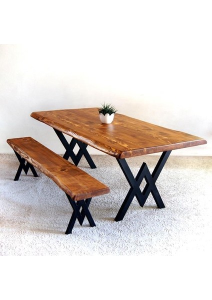 Doğal Ağaç Masif Kütük Masa 75 cm x 115 cm + 1 Bank Bench ( Metal Ayak ) indirimleri
