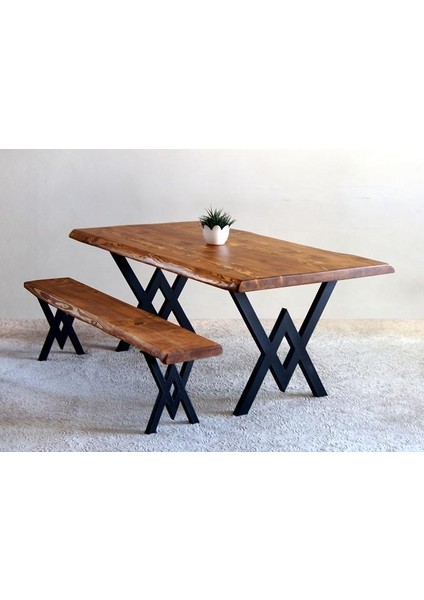 Doğal Ağaç Masif Kütük Masa 75 cm x 145 cm + 1 Bank Bench ( Metal Ayak )