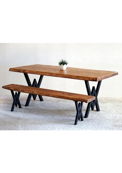 Doğal Ağaç Masif Kütük Masa 75 cm x 145 cm + 1 Bank Bench ( Metal Ayak ) modelleri