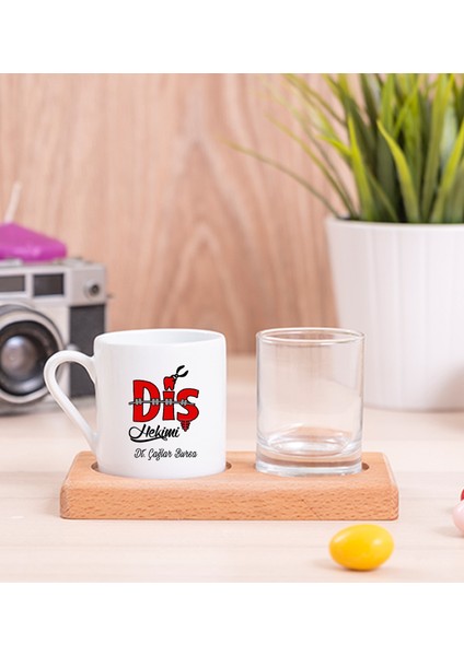 Kişiye Özel Diş Hekimi Ahşap Sunumlu Türk Kahvesi Fincanı